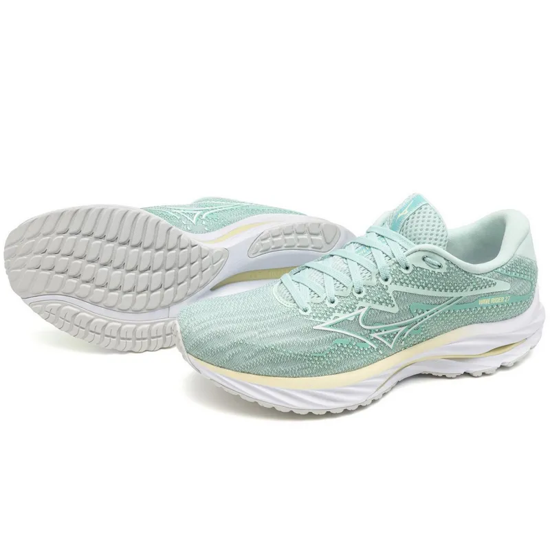 Mizuno Women's Wave Rider 27 Running Shoes Eggshell Blue/White/Anise Flower-5